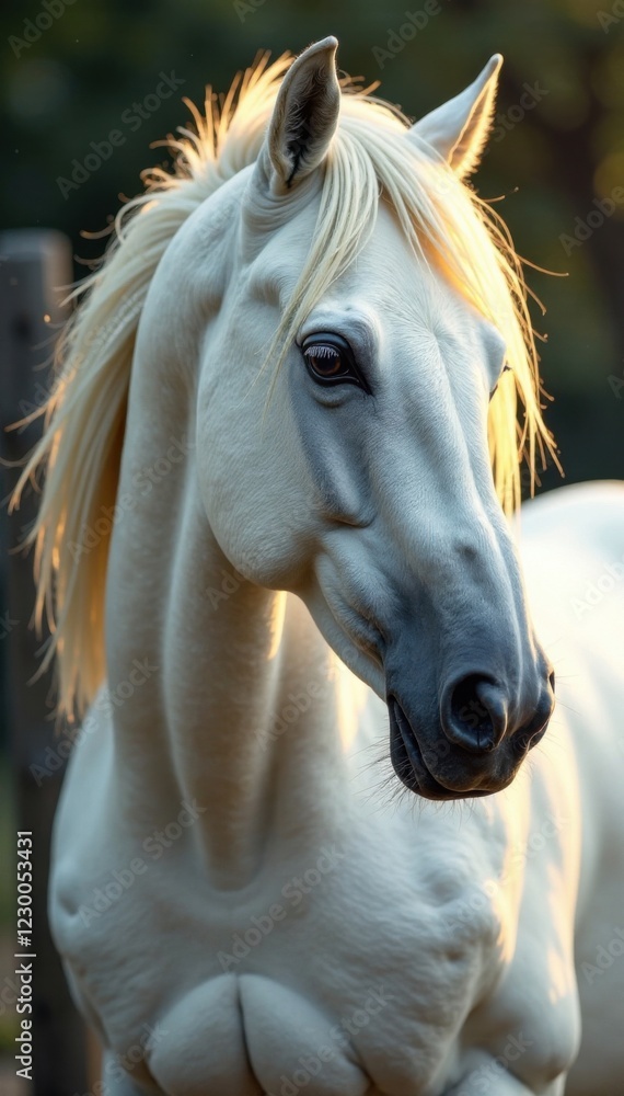 Regal White Stallion with Shimmering Coat, shimmer, horse, light Regal White Stallion with Shimmering Coat, shimmer, horse, light