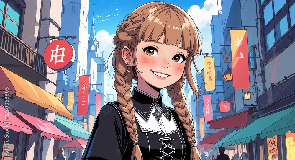Fototapeta premium child female happy braided light brown hair gothic outfit in a bustling city illustration anime cartoon background