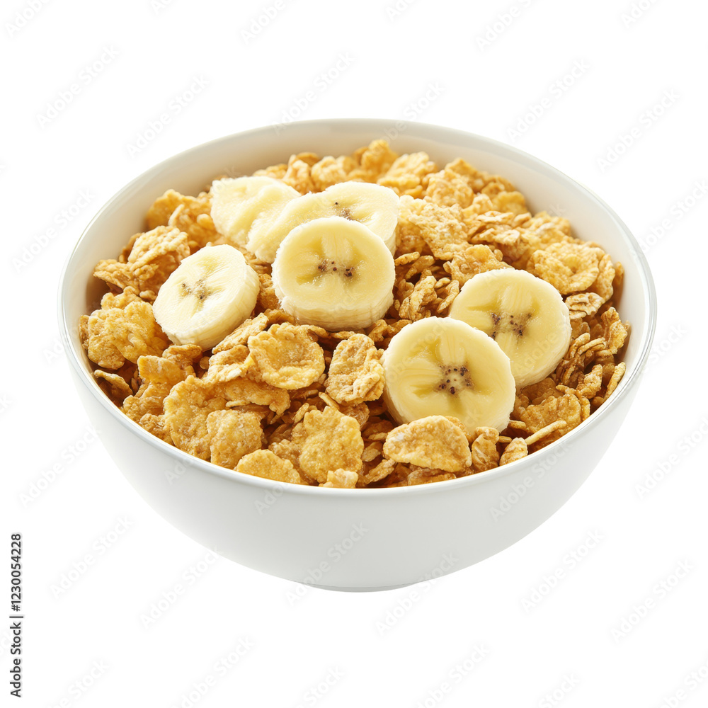 A bowl filled with crunchy cereal topped with fresh banana slices. A bowl filled with crunchy cereal topped with fresh banana slices.