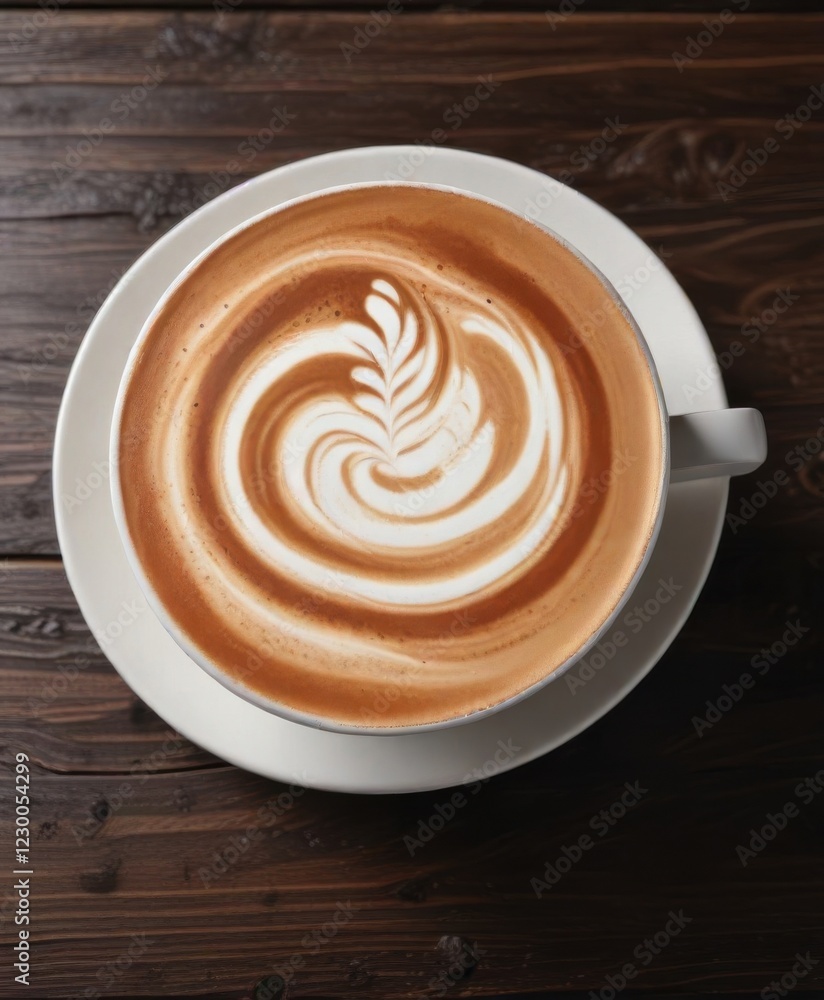 Rich creamy cappuccino latte with vibrant spiral foam art on dark wood background, coffee, spiral design Rich creamy cappuccino latte with vibrant spiral foam art on dark wood background, coffee, spiral design