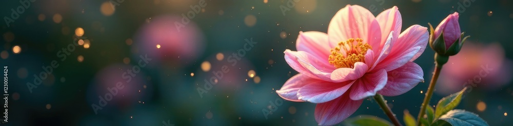 Iridescent gold dust swirled around a delicate flower, delicate sparkles, luminous foliage, shining blossoms Iridescent gold dust swirled around a delicate flower, delicate sparkles, luminous foliage, shining blossoms
