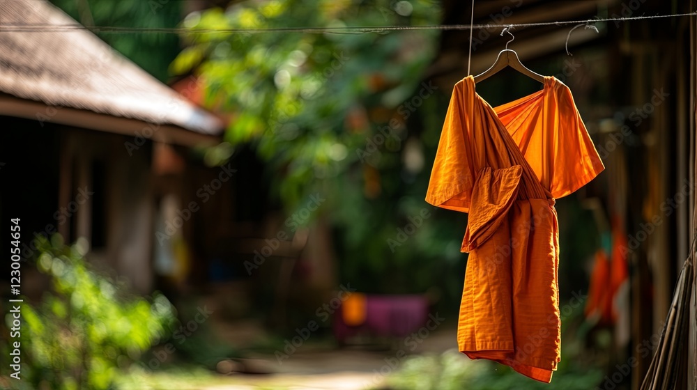 A monk robe hanging on a line, drying in the warm Thai sun. picture A monk robe hanging on a line, drying in the warm Thai sun. picture