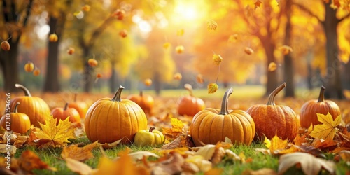 Close-up of pumpkin patch in autumn park with yellow leaves falling around it, autumnal atmosphere, foliage