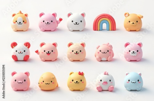 Cute kawaii icons, on white background 3d
