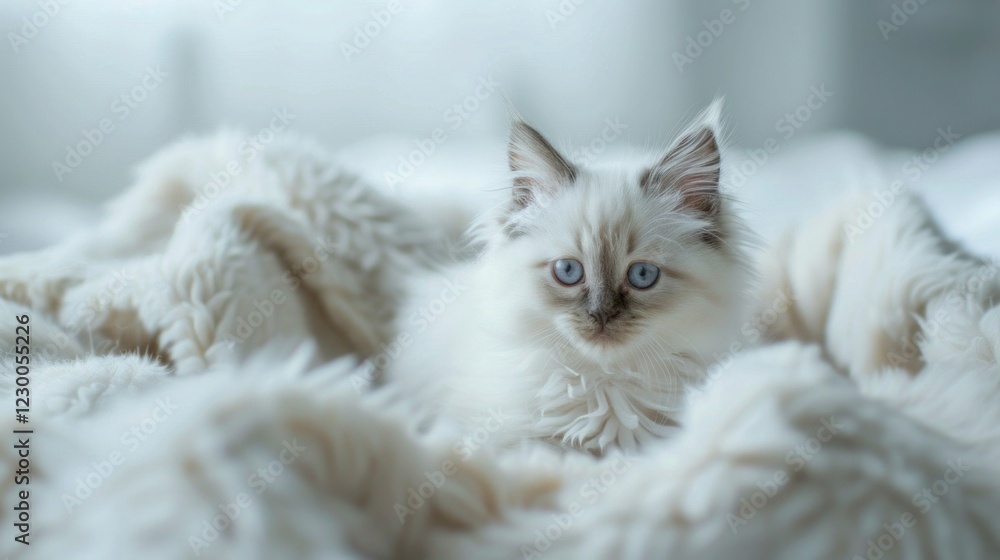 Obraz premium Ragdoll Kitten sitting relaxed in wool bed.