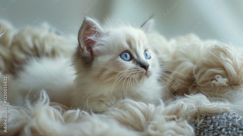 Obraz premium Ragdoll Kitten sitting relaxed in wool bed.