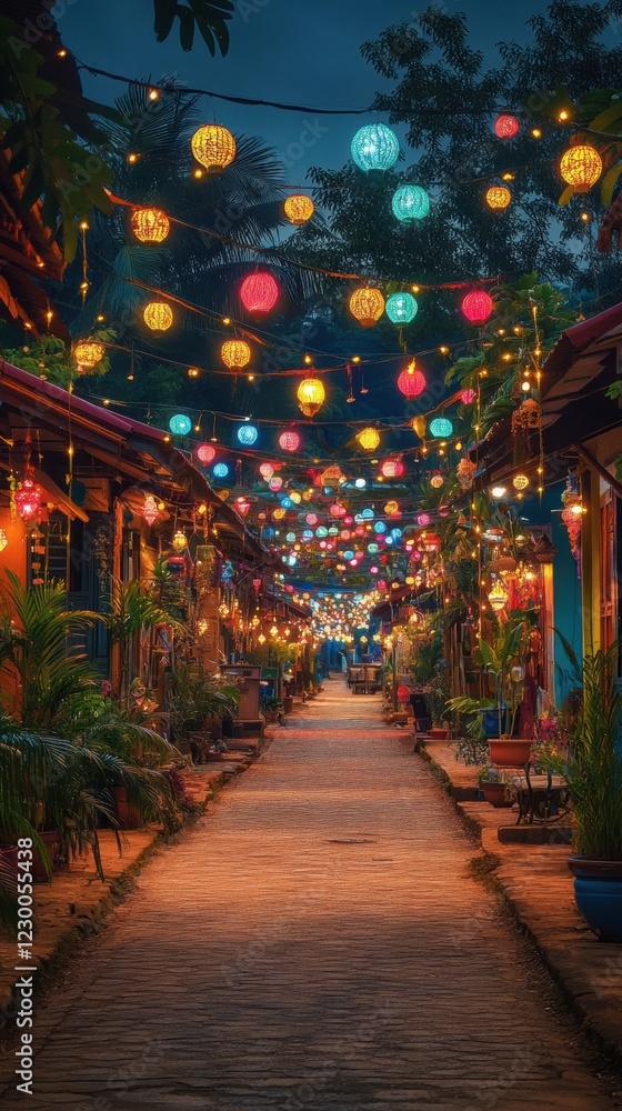 Obraz premium Festive Night Street Colorful Lanterns Asian Village Celebration