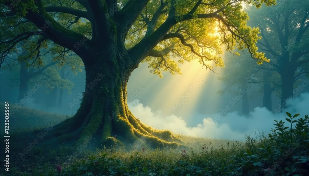 Luminous mist swirling around a mystical tree, Soft Focal Point, Dreamy Forest Luminous mist swirling around a mystical tree, Soft Focal Point, Dreamy Forest