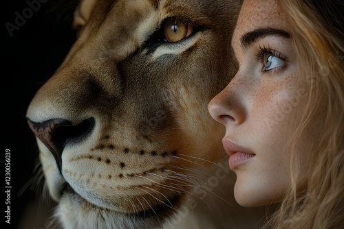Portrait of a Lion with woman Profile. Adorable Animal Face. Farmhouse. Close-up. Livestock. Studio Portrait
