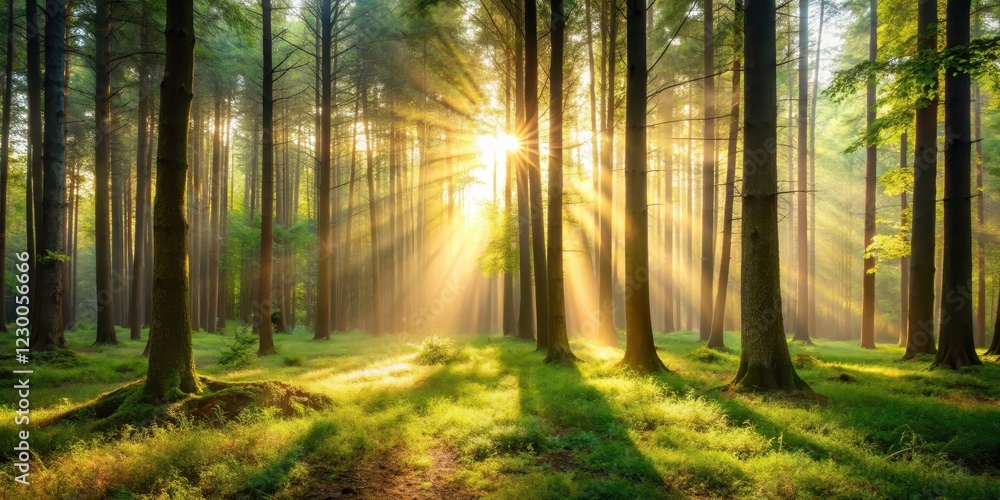 Obraz premium Forest Scene with Sunlight, calm, serenity, calm, serenity, light, reflection, forest, scenery, foliage, outdoors, warmth