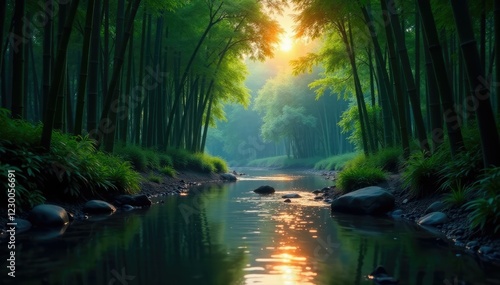 River flowing through a bamboo forest at twilight, serenity, trees, calm photo