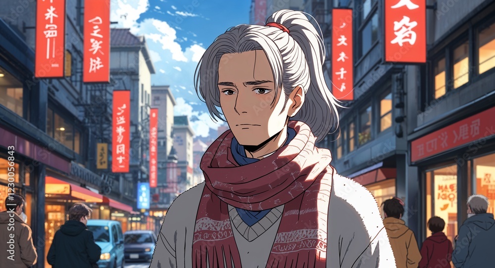 Fototapeta premium elderly male calm ponytail with bangs cozy sweater and scarf in a bustling city illustration anime cartoon background