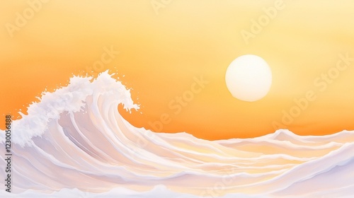 Golden Horizon Tide, an abstract depiction of ocean waves merging with a warm golden sunset, ideal for summer-themed decor and stationery, hand-painted in watercolor.