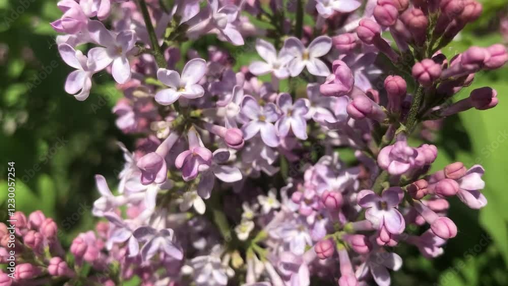Branch of beautiful lilac flowers swaying in the wind. Floral theme horizontal video.