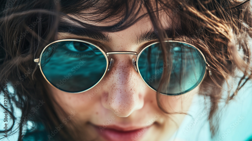 Close-Up of Woman Wearing Sunglasses with Ocean Reflection Close-Up of Woman Wearing Sunglasses with Ocean Reflection