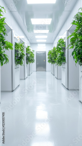 Wallpaper Mural Futuristic corridor with greenery and sleek white design, creating serene atmosphere Torontodigital.ca