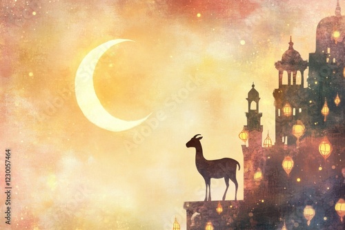 Majestic Silhouette of a Goat against a Dreamy Backdrop of Moon and Lanterns