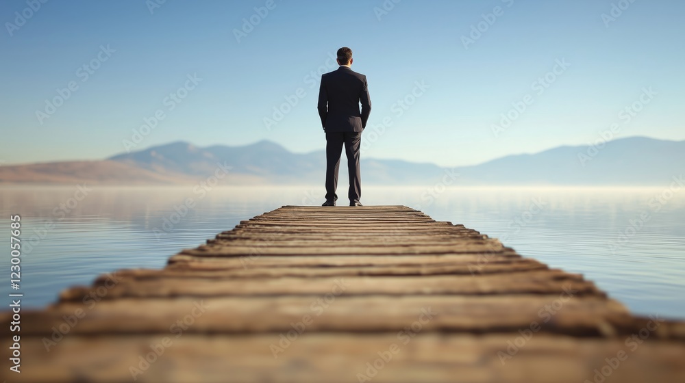 Businessman in Suit Standing on Dock Over Calm Water at Sunrise Businessman in Suit Standing on Dock Over Calm Water at Sunrise