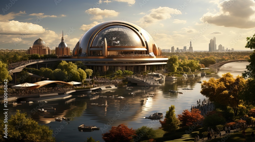 Obraz premium Aerial View of Carbon-Neutral Future City: Solar Rooftops, Wind Turbines, and Electric Vehicles in Harmony