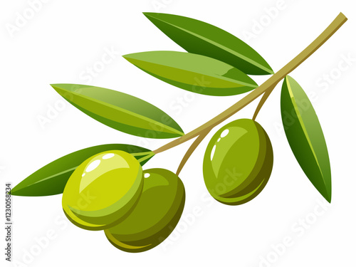 Green olives with leaves on a branch isolated on white background. Fresh Green Olives with Leaves on a Branch - Perfect for Food and Nature-Themed Designs.