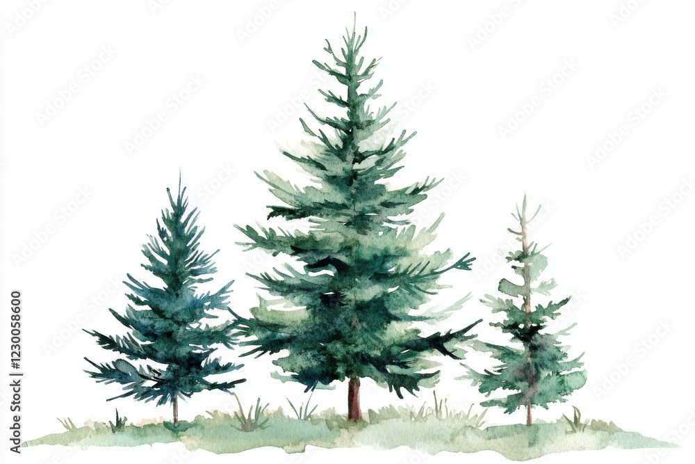 Fototapeta premium Whimsical watercolor christmas tree scene with woodland elements on a clean white background for festive decor and holiday designs