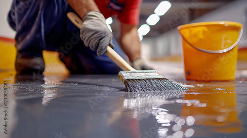 A worker kneeling on a basement floor, using a brush to spread sealant evenly across the surface, with a bucket of sealant nearby.  photo