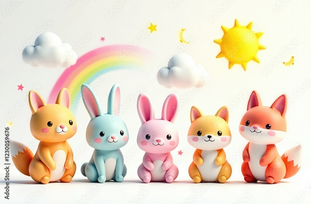 Naklejka premium Cute kawaii icons, on white background 3d