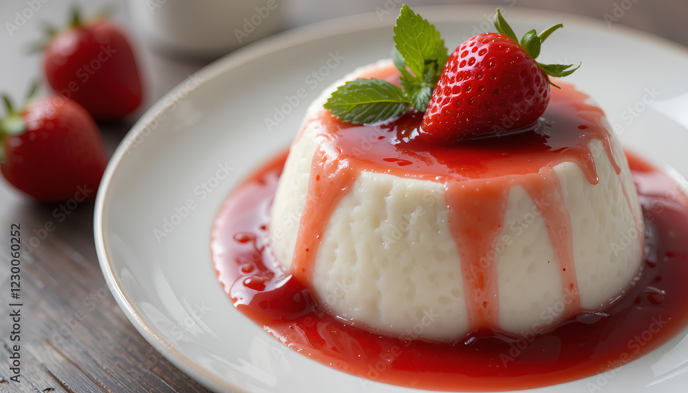 Italian panna cotta dessert topped with strawberry syrup and mint leaves Italian panna cotta dessert topped with strawberry syrup and mint leaves