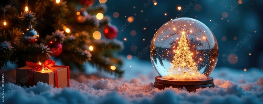 Sparkling snowflakes fall around a Christmas tree with a glowing wish list scroll, magical ambiance, presents, snow globe effect Sparkling snowflakes fall around a Christmas tree with a glowing wish list scroll, magical ambiance, presents, snow globe effect