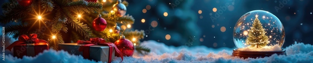 Sparkling snowflakes fall around a Christmas tree with a glowing wish list scroll, presents, snow globe effect Sparkling snowflakes fall around a Christmas tree with a glowing wish list scroll, presents, snow globe effect