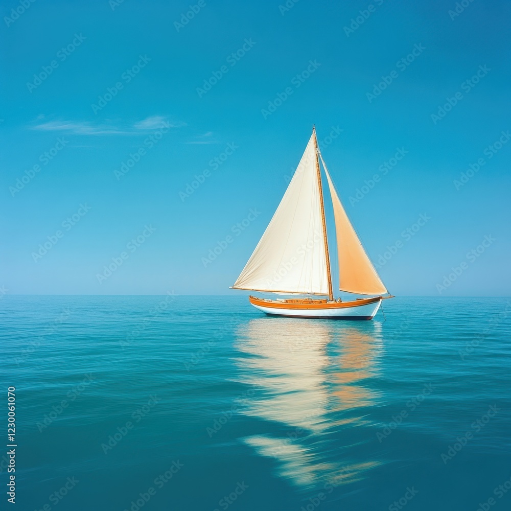 Naklejka premium Tranquil Scene of a Classic Sailboat Gliding Smoothly Across Calm Blue Waters Under a Clear Sky with Light Reflection on the Surface