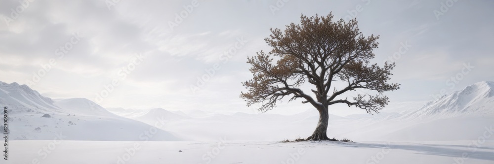 Single majestic tree standing alone on a snowy white background, isolated, forest Single majestic tree standing alone on a snowy white background, isolated, forest