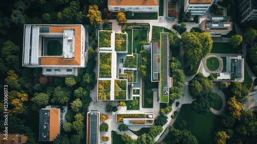 A drone shot of a sprawling college campus with interconnected eco-friendly buildings, sustainable landscapes, and high-tech facilities
