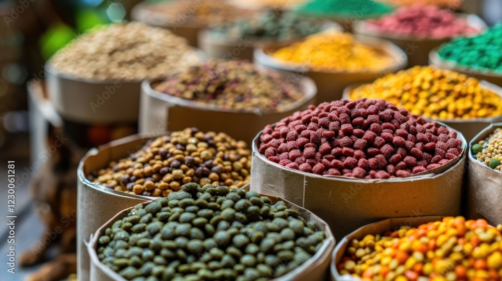 Vibrant display of various spices in containers at a bustling market with colorful background Vibrant display of various spices in containers at a bustling market with colorful background