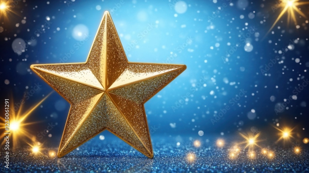 Golden star icon glimmers against blue at music awards, symbolizing subtle brilliance representing excellence in the music industry. Golden star icon glimmers against blue at music awards, symbolizing subtle brilliance representing excellence in the music industry.