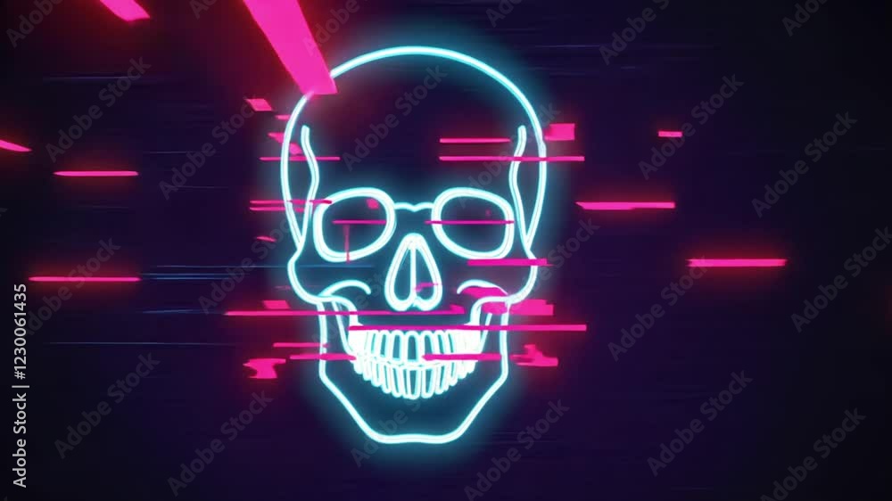 A cracked, glowing neon skull flickers with distorted pixelation, surrounded by fiery red digital artifacts, evoking a fusion of cyberpunk and horror, Glitch effect A cracked, glowing neon skull flickers with distorted pixelation, surrounded by fiery red digital artifacts, evoking a fusion of cyberpunk and horror, Glitch effect