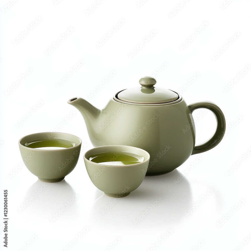 Elegant Green Teapot with Two Matching Cups and Fresh Tea on White Background Elegant Green Teapot with Two Matching Cups and Fresh Tea on White Background