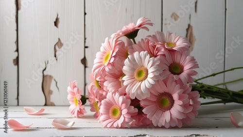 bouquet of pink gerberas on a background of a white wooden wall