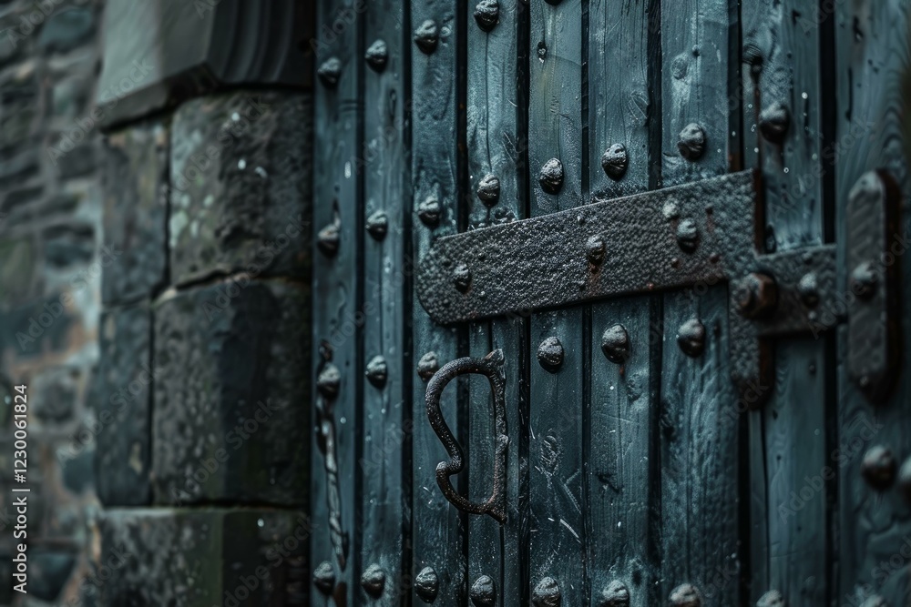 Old heavy wooden door with metal rivets and handle, showing the effects of time and weather Old heavy wooden door with metal rivets and handle, showing the effects of time and weather