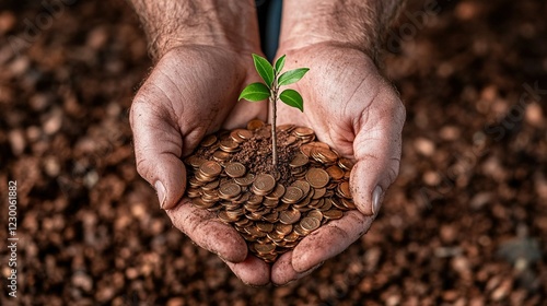 Nurturing Growth, Hands cradle a small tree emerging from coins, symbolizing eco-friendly investments and sustainable finance initiatives photo