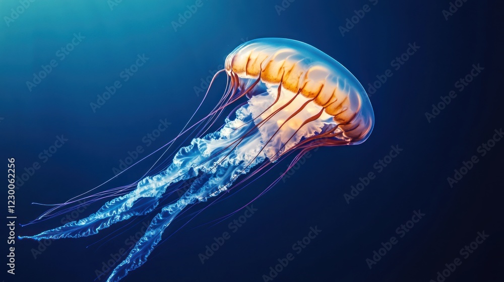 A vibrant jellyfish floats gracefully in deep blue water, its translucent bell and long tentacles shimmering.