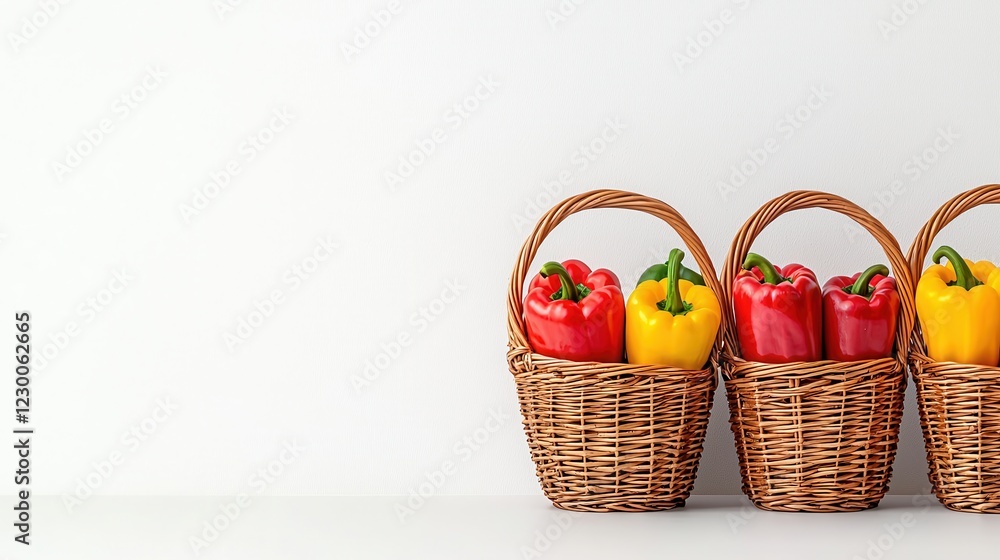 Fresh Colorful Bell Peppers in Woven Baskets on a Clean White Background Fresh Colorful Bell Peppers in Woven Baskets on a Clean White Background