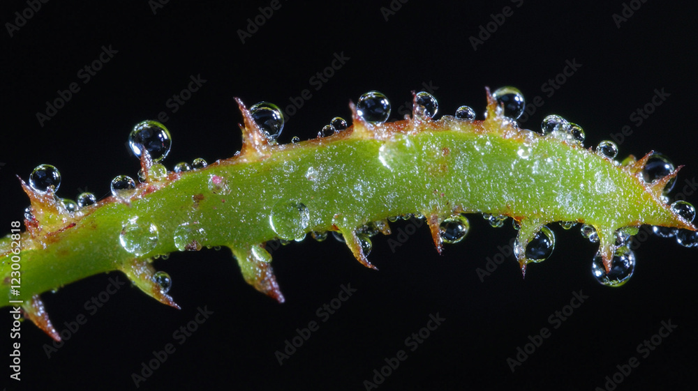 Fototapeta premium Close-up of a thorny green stem adorned with glistening water droplets against a dark background
