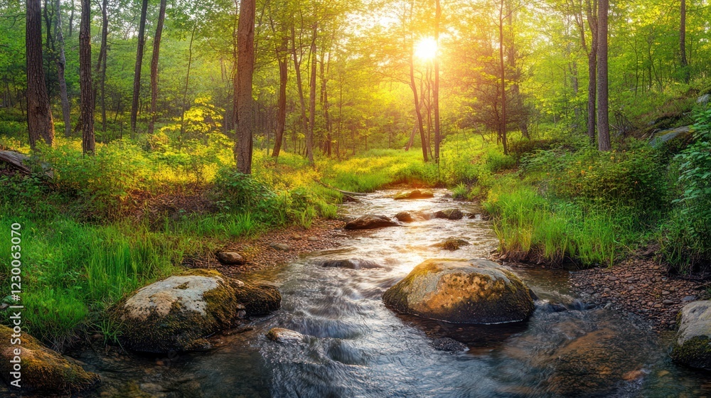 Sunset stream forest nature landscape, idyllic scenery, tranquility Sunset stream forest nature landscape, idyllic scenery, tranquility