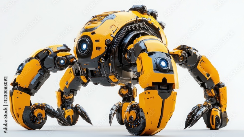 Futuristic Yellow Robotic Arachnid: A 3D Render of a technologically advanced, quadrupedal robot with a sleek, yellow and black design, showcasing intricate mechanical details. Futuristic Yellow Robotic Arachnid: A 3D Render of a technologically advanced, quadrupedal robot with a sleek, yellow and black design, showcasing intricate mechanical details.