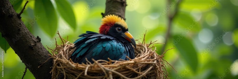 A hornbill snuggles into its nest high up in a tree with twigs and feathers surrounding it, avian, twig A hornbill snuggles into its nest high up in a tree with twigs and feathers surrounding it, avian, twig