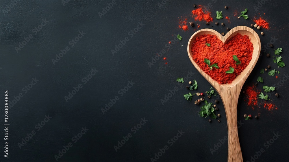 Heart-shaped wooden spoon with spices, representing the bond between culinary art and wellness, inviting warmth and flavor.