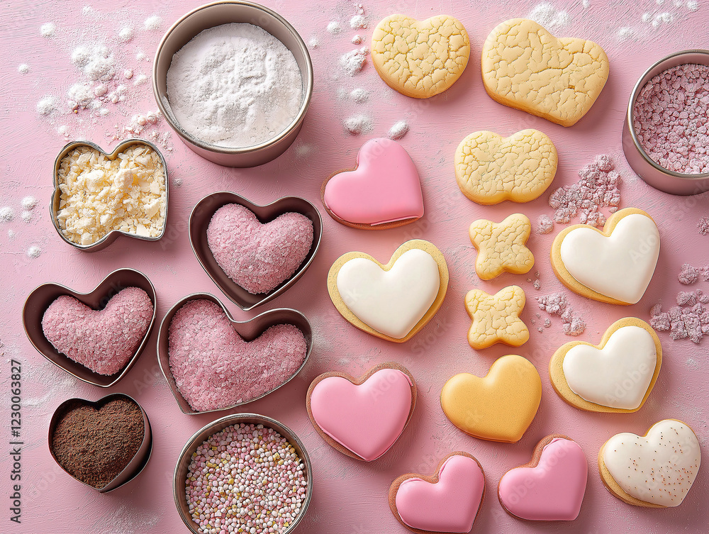 Flat-lay setup of heart-shaped cutters and baking materials Flat-lay setup of heart-shaped cutters and baking materials