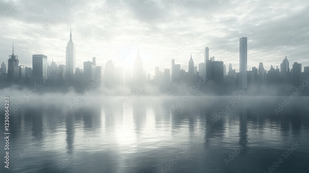 Mysterious City Skyline Enveloped in Thick Fog and Soft Clouds Creating a Dreamlike Atmosphere with Silhouetted Buildings Against a Grayish Blue Sky Evoking Calmness and Intrigue Mysterious City Skyline Enveloped in Thick Fog and Soft Clouds Creating a Dreamlike Atmosphere with Silhouetted Buildings Against a Grayish Blue Sky Evoking Calmness and Intrigue