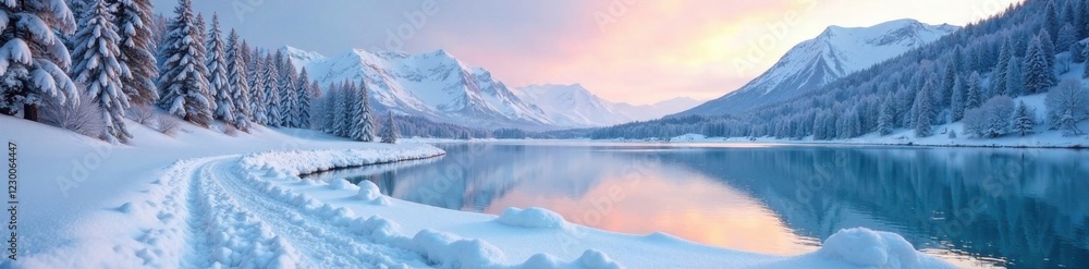 Snowy landscape with frozen lake, frost, snowy landscape, ice Snowy landscape with frozen lake, frost, snowy landscape, ice